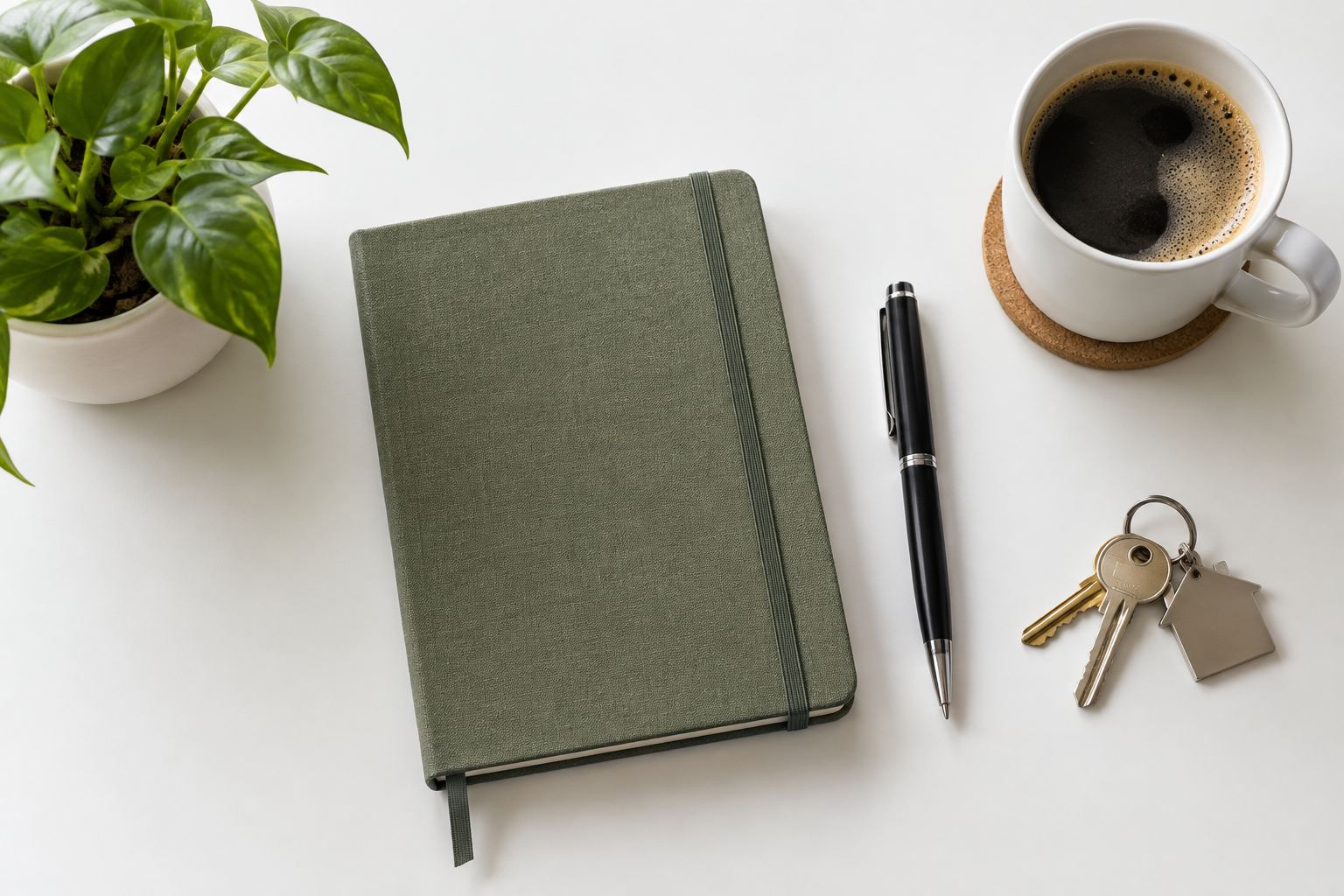 Desk flat-lay, illustrative