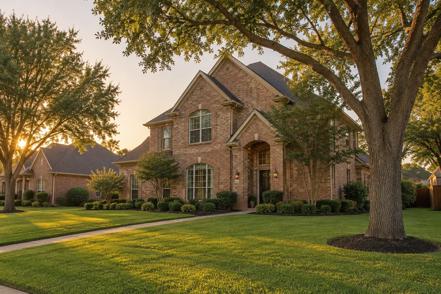 A brick North Texas home with a tree lined yard, illustrative