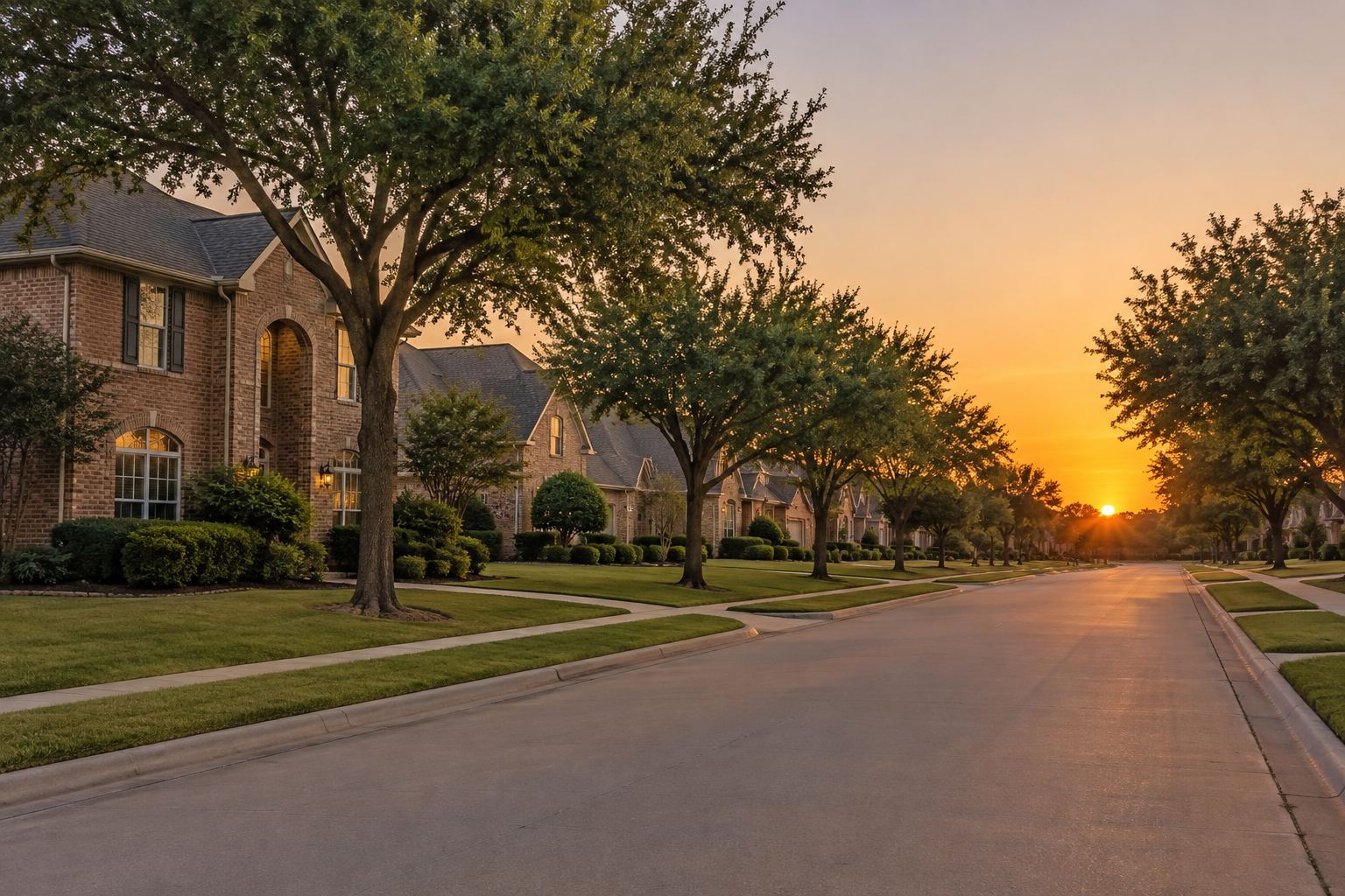 A Plano residential street at sunset, illustrative