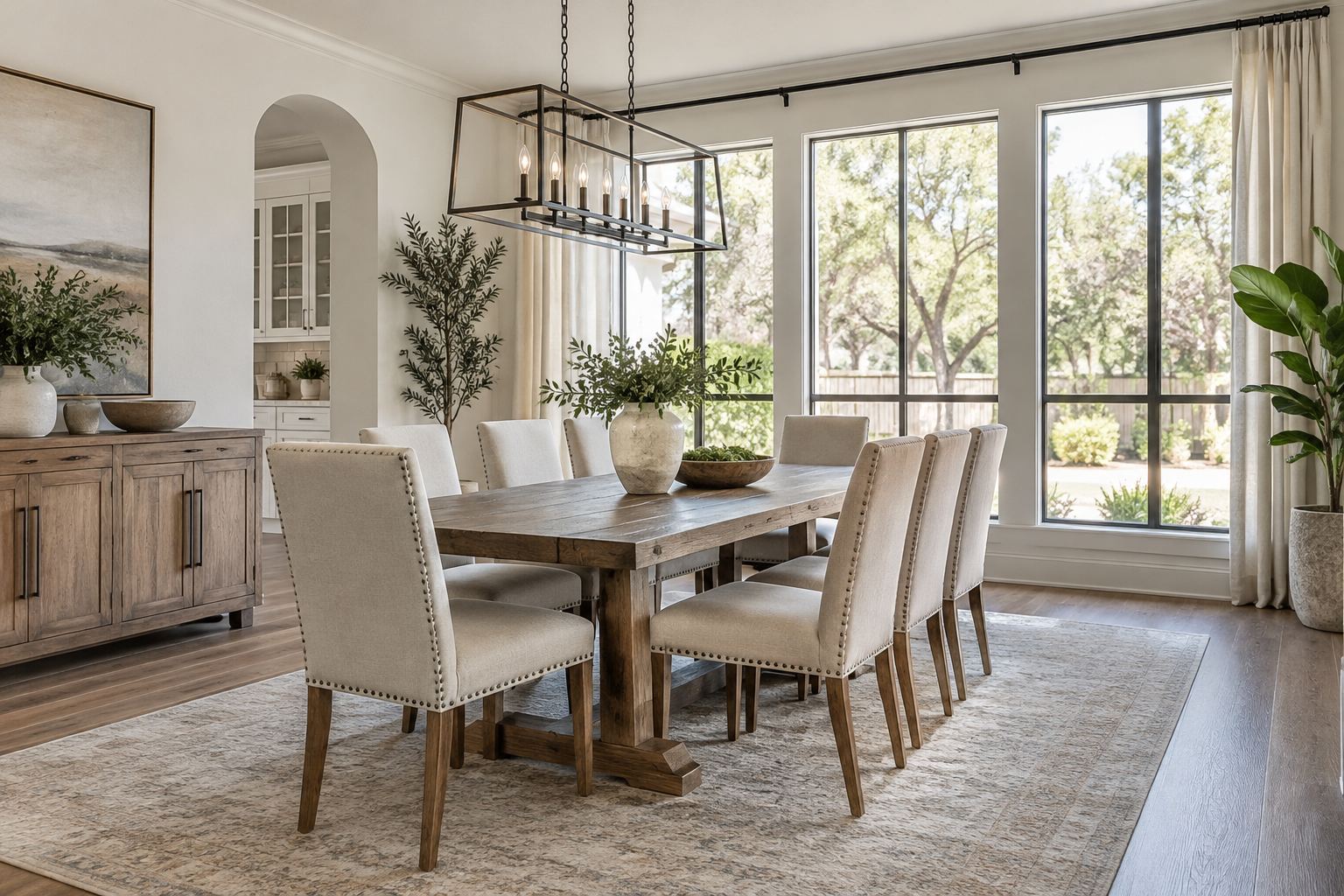 A bright dining room, illustrative